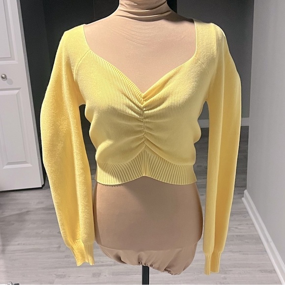 Cropped Knit Ruched Front Yellow Sweater - Picture 1 of 4